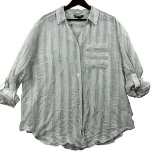 NWT Beachy Button Down Gauze Striped Metallic Top Women's Sz 2x Roll Tab Sleeves
